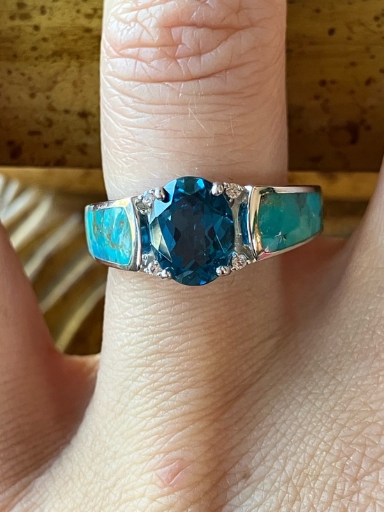 London Blue Topaz Turquoise Sterling Silver Ring Size 7